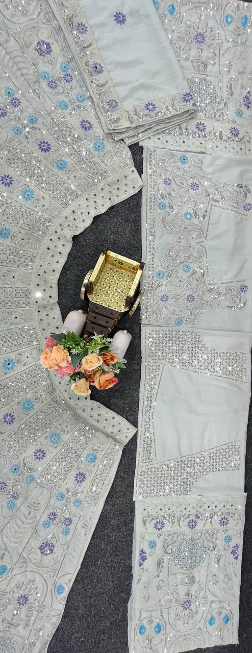 Silver Grey Mirror and Thread Embroidered Silk Lehenga Set