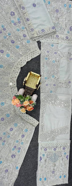 Silver Grey Mirror and Thread Embroidered Silk Lehenga Set