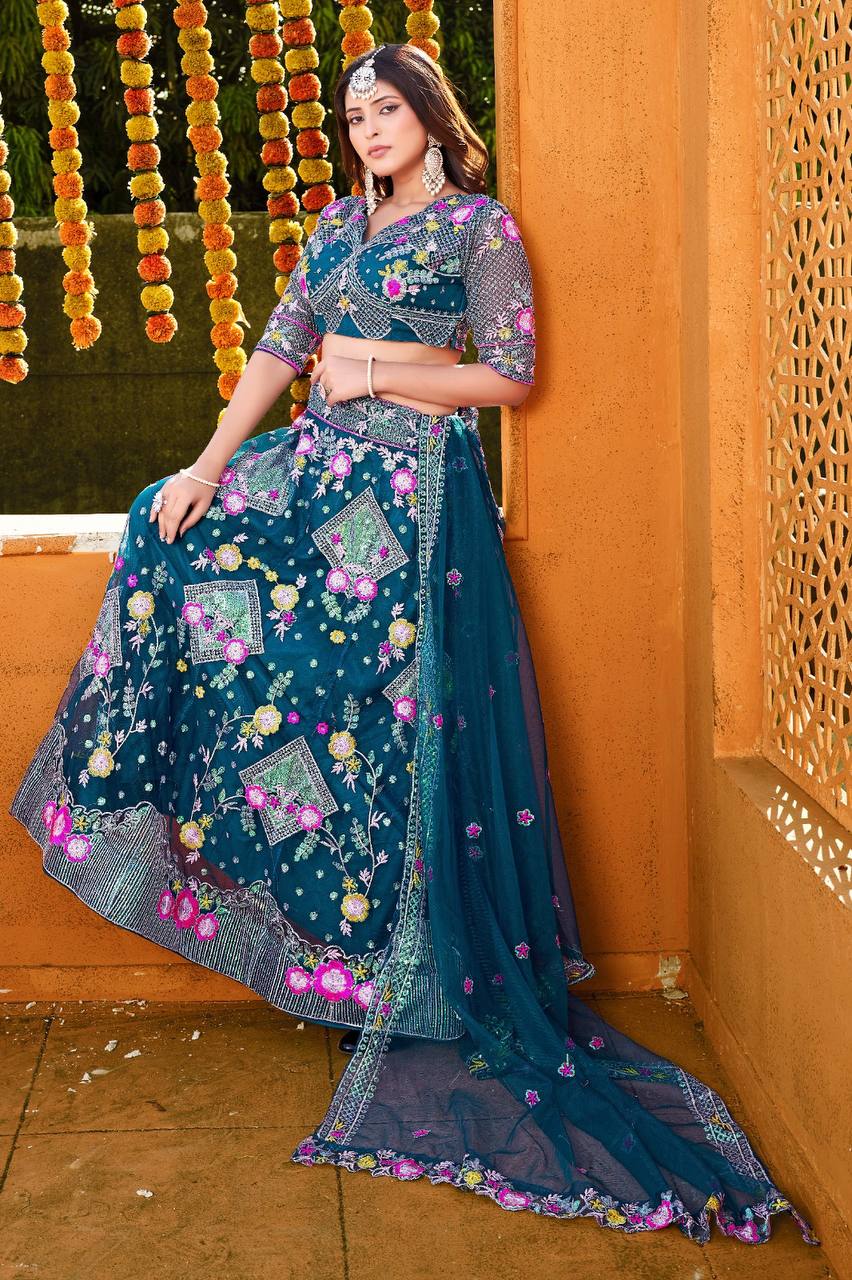 Butterfly Net Lehenga Choli with Sequins Embroidery & Blouse – Semi-Stitched Sider Lehenga