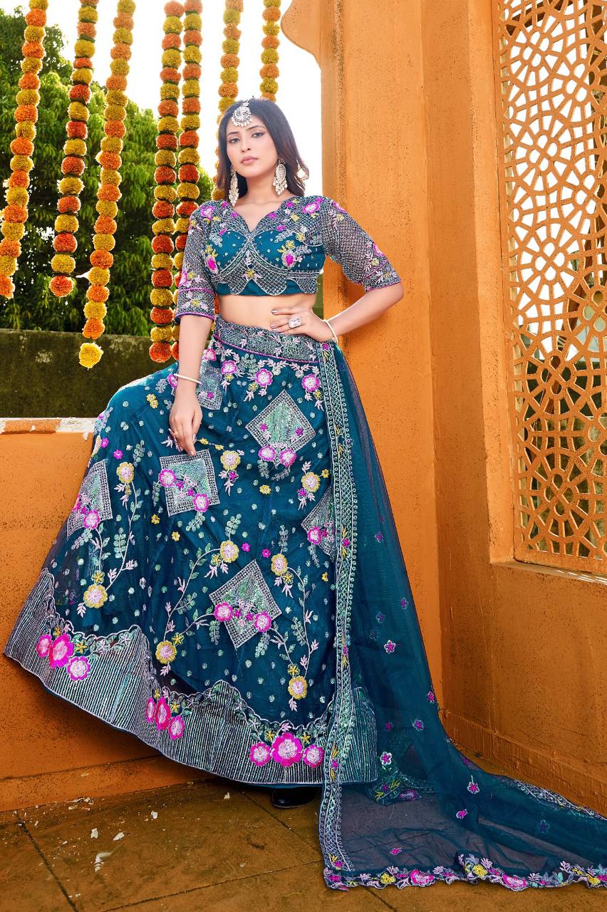 Butterfly Net Lehenga Choli with Sequins Embroidery & Blouse – Semi-Stitched Sider Lehenga