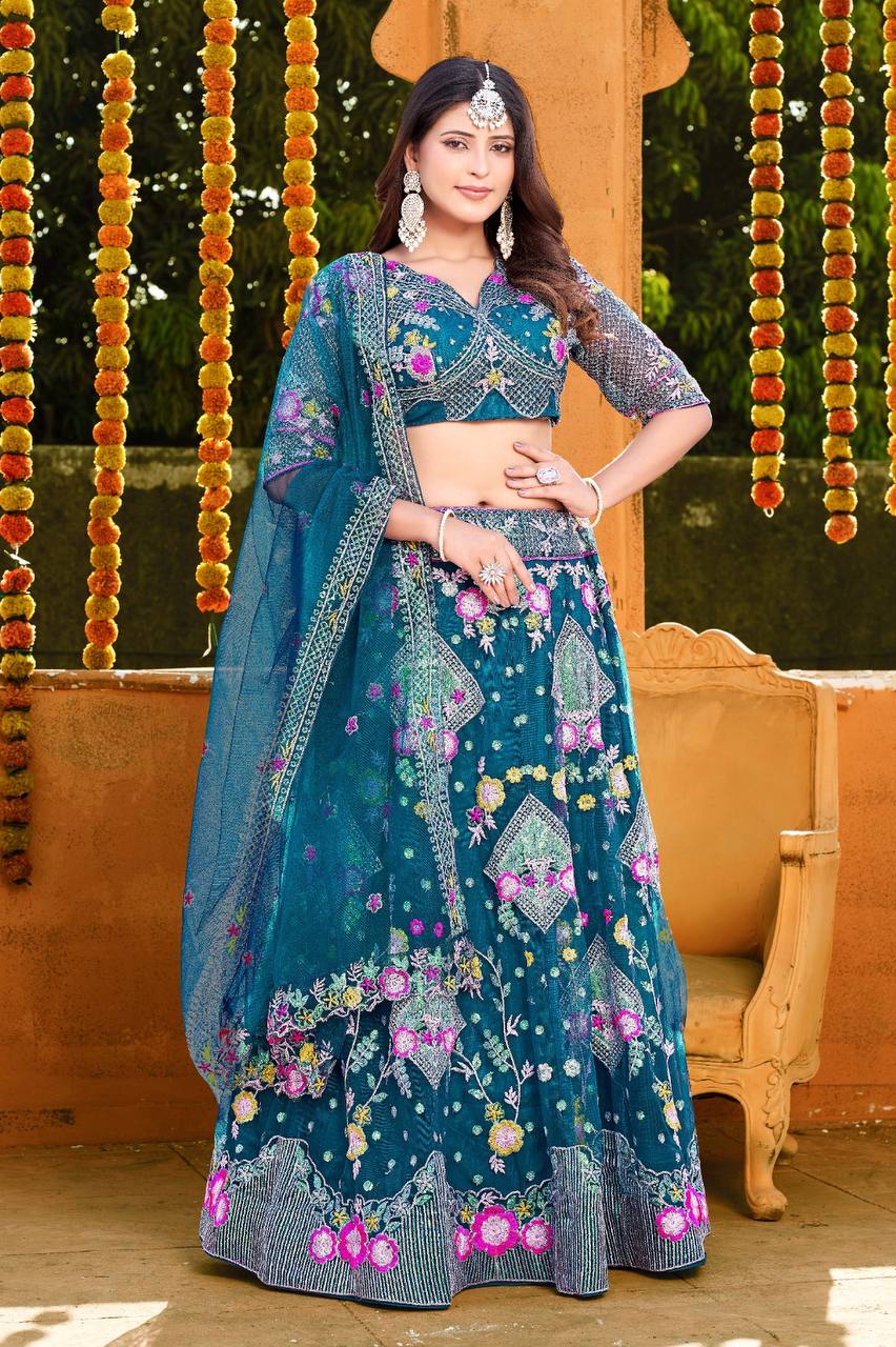 Butterfly Net Lehenga Choli with Sequins Embroidery & Blouse – Semi-Stitched Sider Lehenga