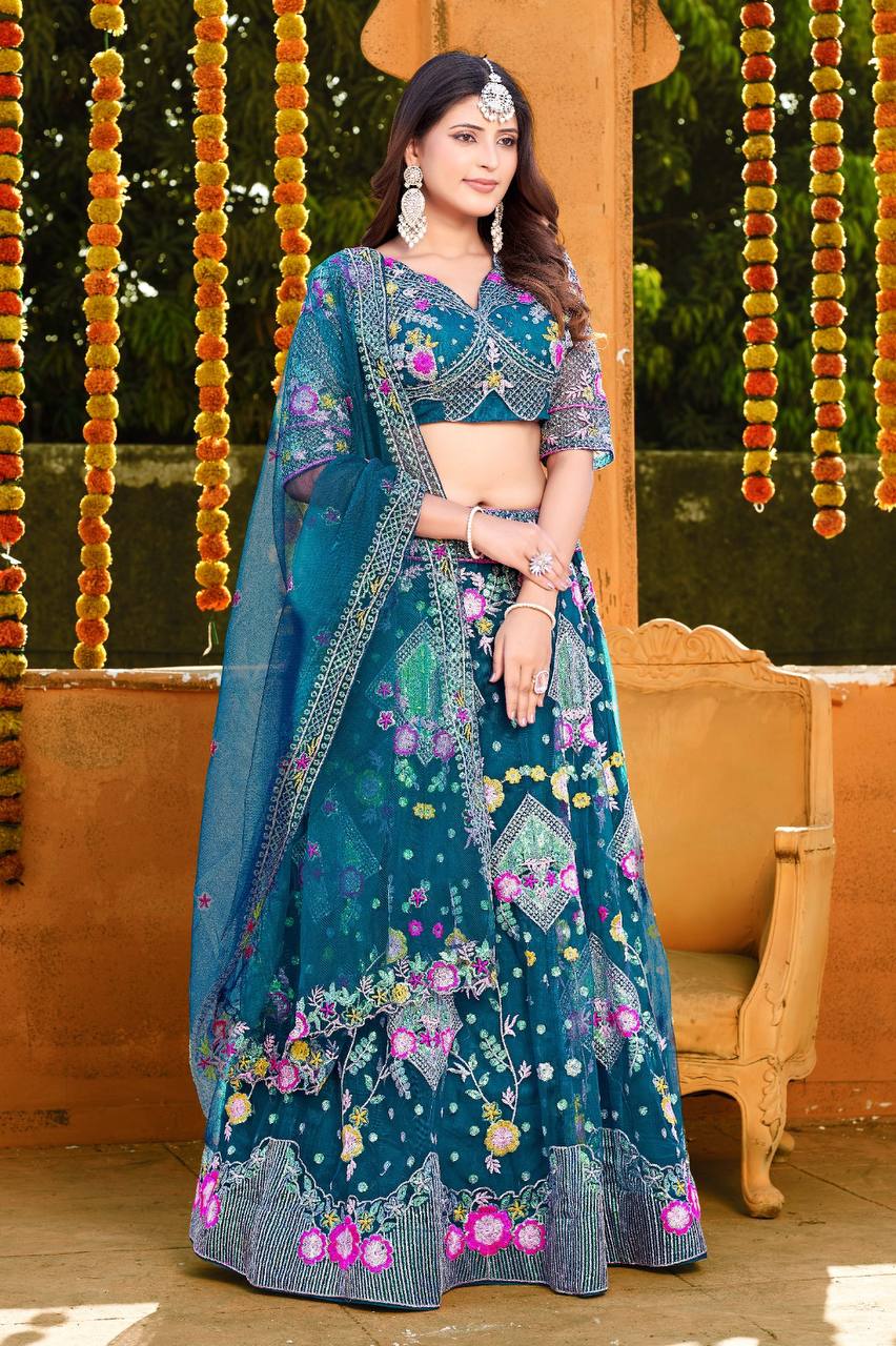 Butterfly Net Lehenga Choli with Sequins Embroidery & Blouse – Semi-Stitched Sider Lehenga