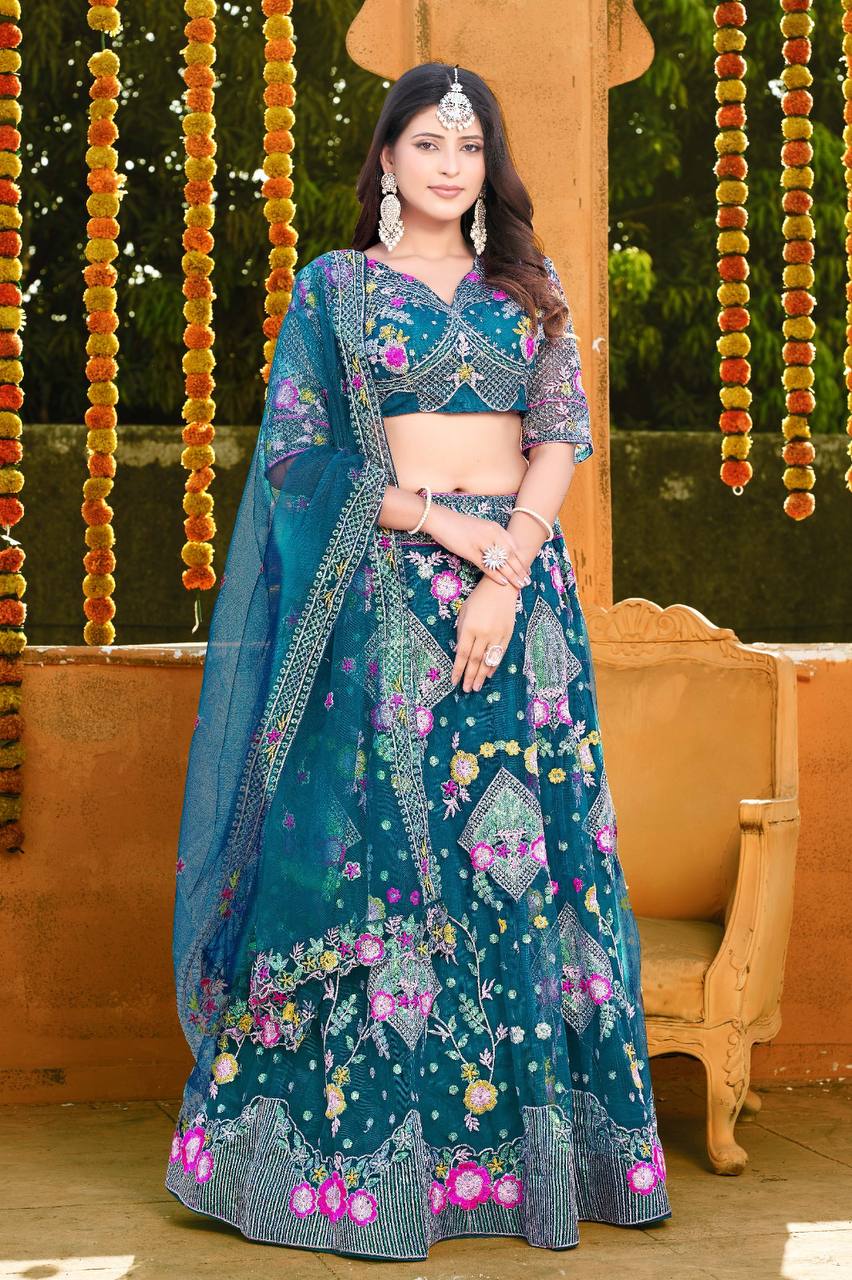 Butterfly Net Lehenga Choli with Sequins Embroidery & Blouse – Semi-Stitched Sider Lehenga