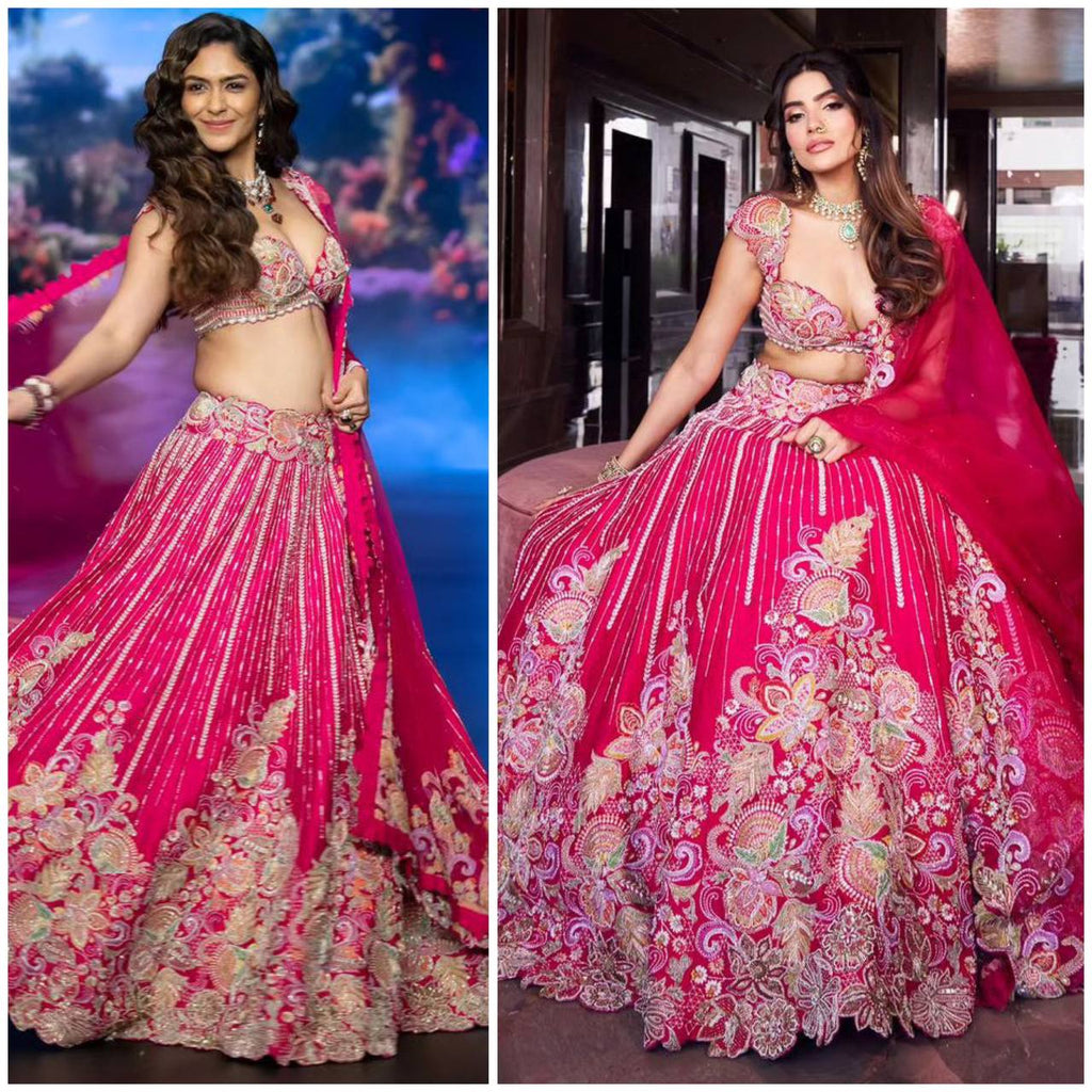 Hot Pink Multicolor Embroidered Fabric with Sequin and Mirror Work