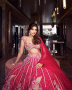 Hot Pink Multicolor Embroidered Fabric with Sequin and Mirror Work