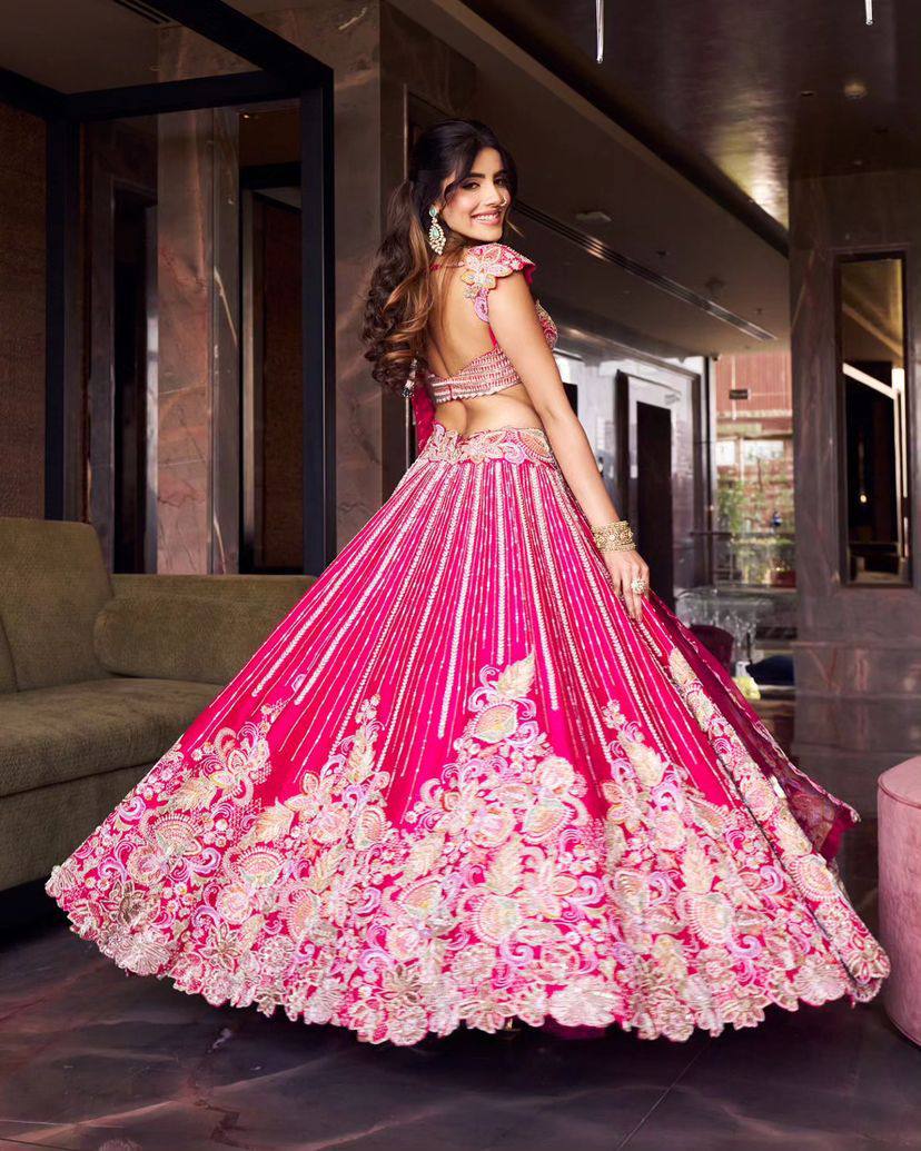 Hot Pink Multicolor Embroidered Fabric with Sequin and Mirror Work