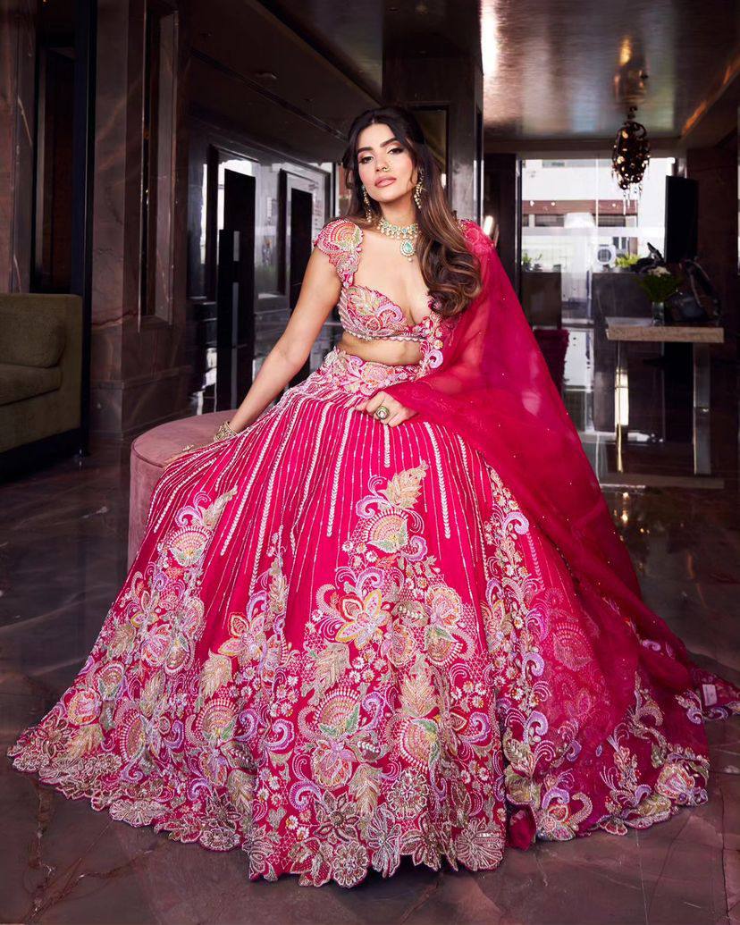 Hot Pink Multicolor Embroidered Fabric with Sequin and Mirror Work
