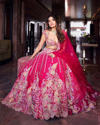 Hot Pink Multicolor Embroidered Fabric with Sequin and Mirror Work