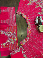 Hot Pink Multicolor Embroidered Fabric with Sequin and Mirror Work