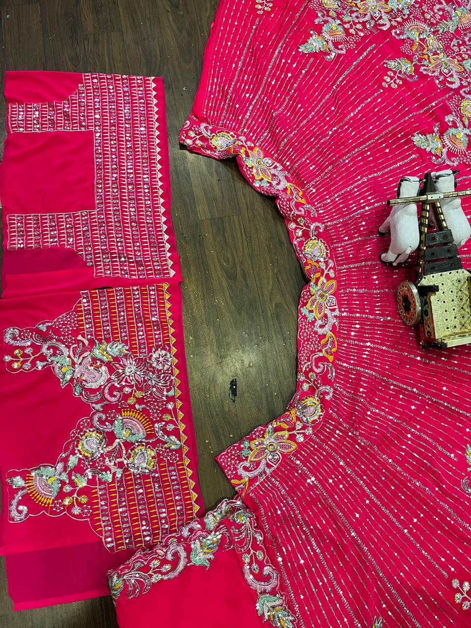 Hot Pink Multicolor Embroidered Fabric with Sequin and Mirror Work