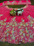 Hot Pink Multicolor Embroidered Fabric with Sequin and Mirror Work
