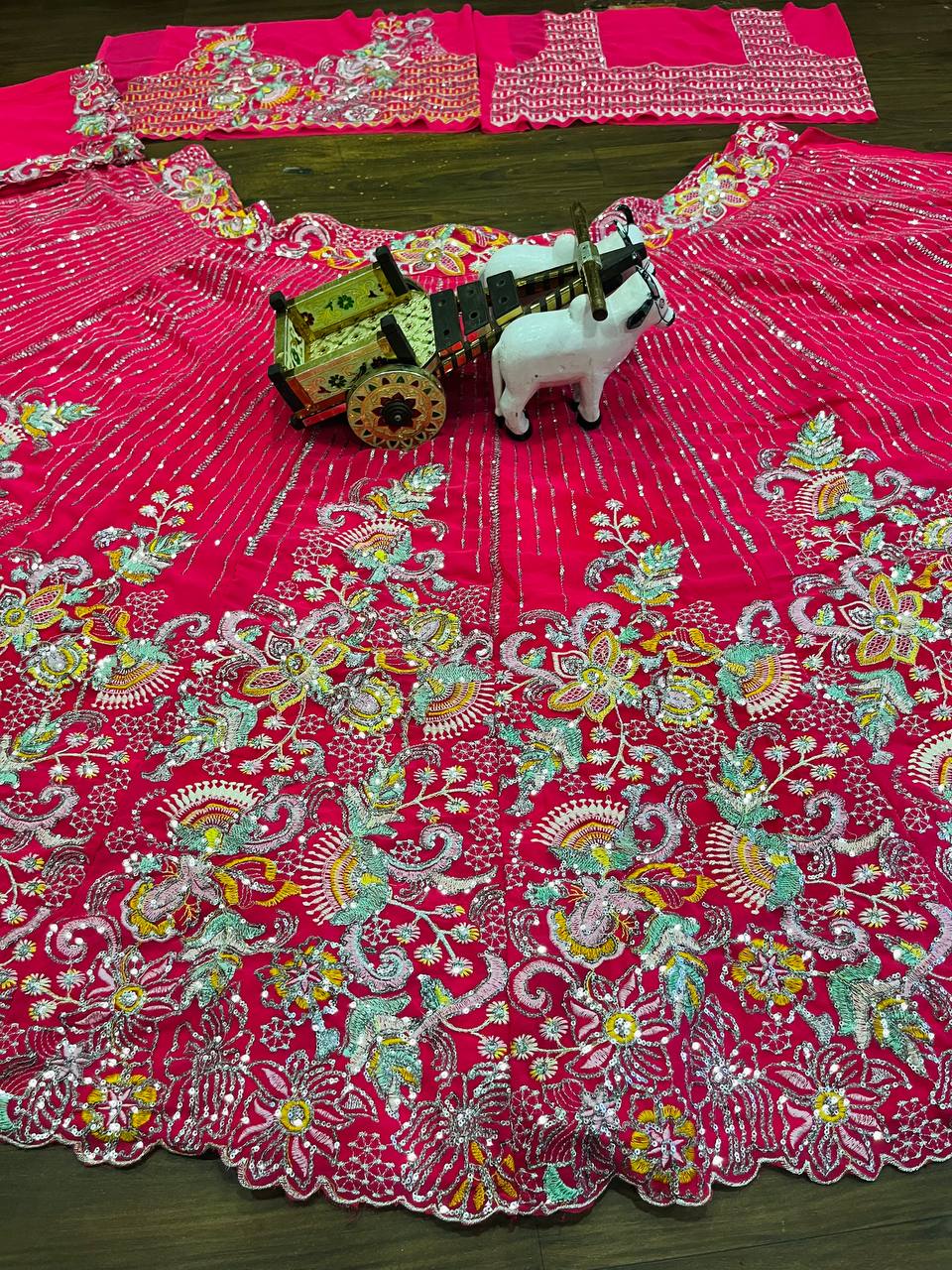 Hot Pink Multicolor Embroidered Fabric with Sequin and Mirror Work