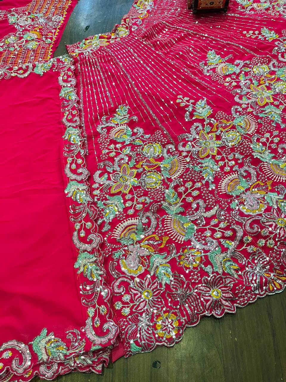 Hot Pink Multicolor Embroidered Fabric with Sequin and Mirror Work