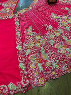 Hot Pink Multicolor Embroidered Fabric with Sequin and Mirror Work