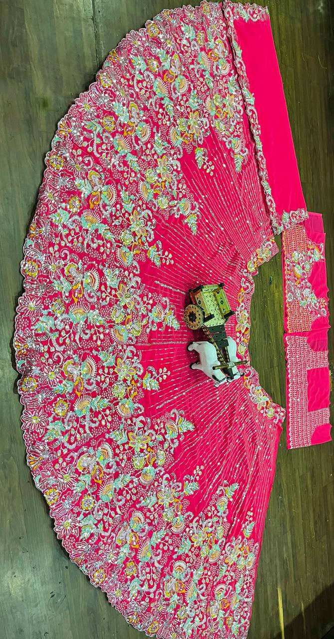 Hot Pink Multicolor Embroidered Fabric with Sequin and Mirror Work