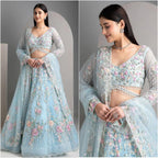 Sky Blue Soft Net Lehenga Choli with Multicolor Floral & Sequins Embroidery