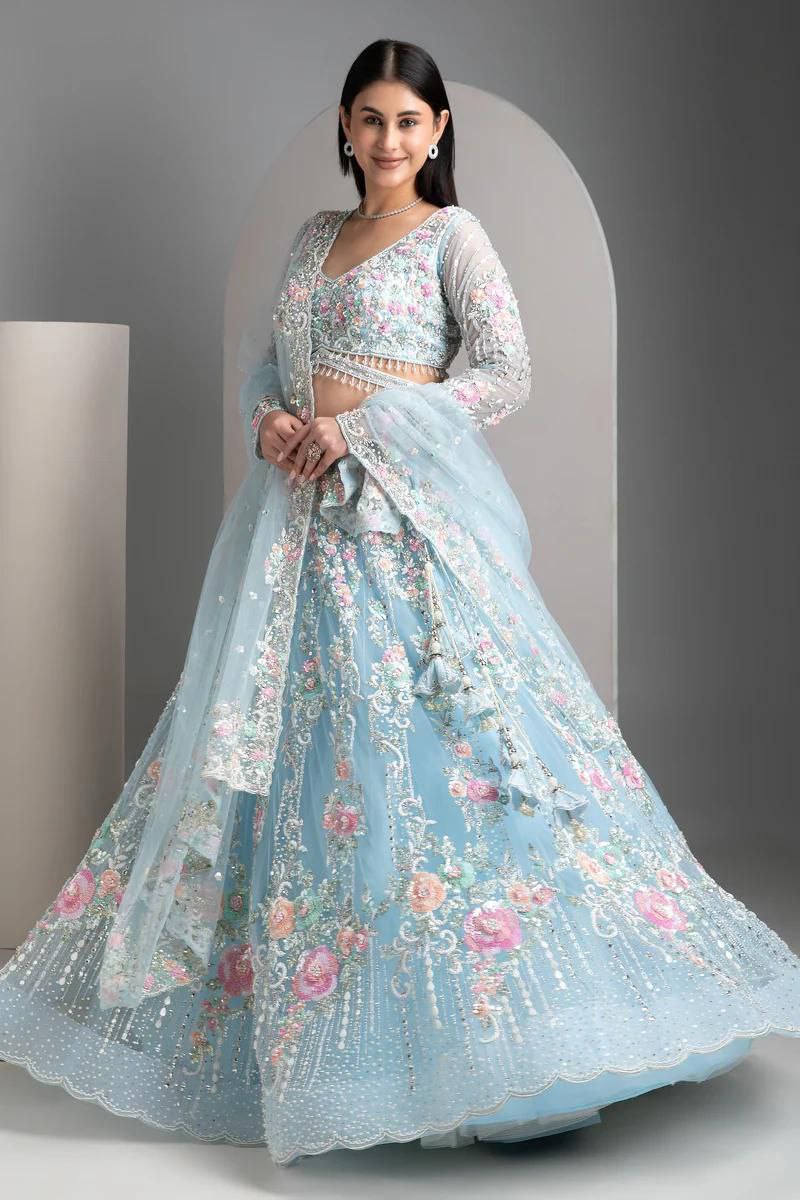 Sky Blue Soft Net Lehenga Choli with Multicolor Floral & Sequins Embroidery