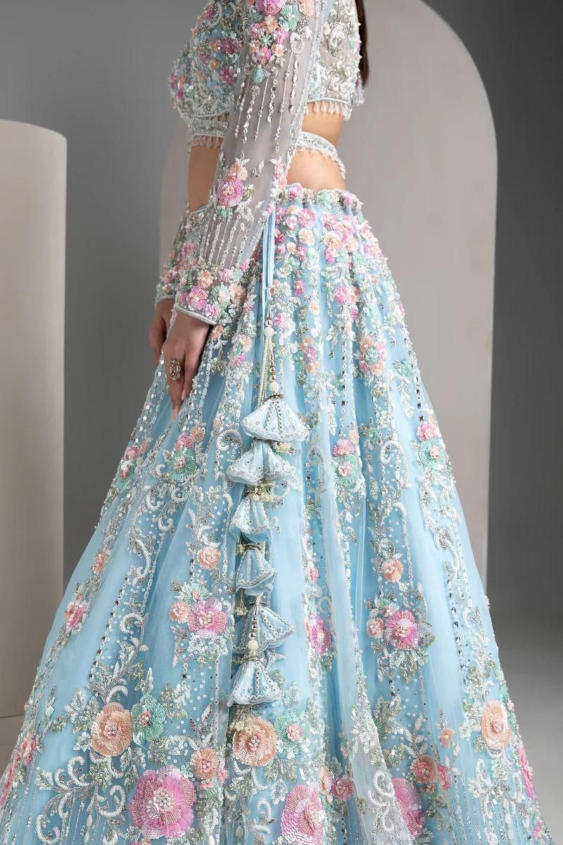 Sky Blue Soft Net Lehenga Choli with Multicolor Floral & Sequins Embroidery