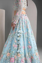 Sky Blue Soft Net Lehenga Choli with Multicolor Floral & Sequins Embroidery