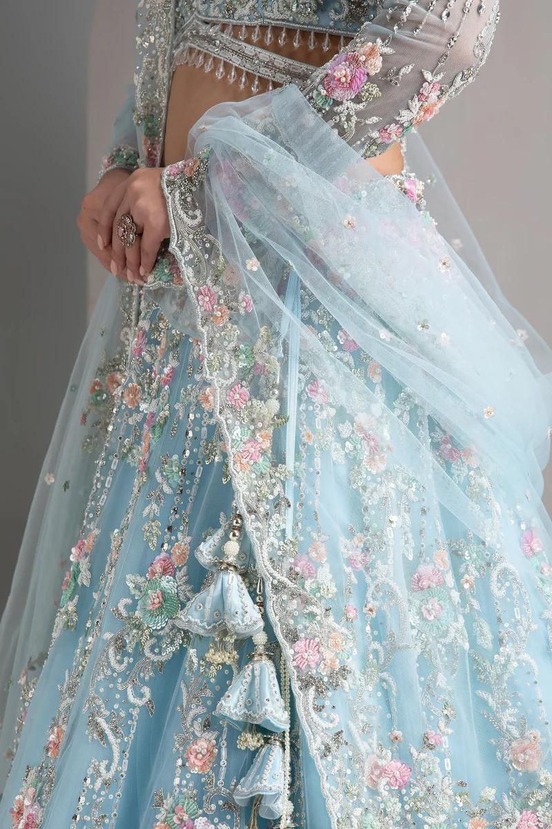 Sky Blue Soft Net Lehenga Choli with Multicolor Floral & Sequins Embroidery