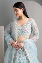 Sky Blue Soft Net Lehenga Choli with Multicolor Floral & Sequins Embroidery