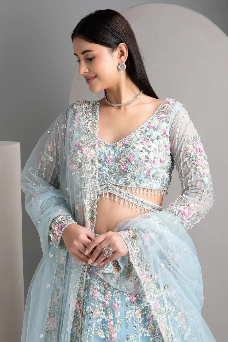 Sky Blue Soft Net Lehenga Choli with Multicolor Floral & Sequins Embroidery