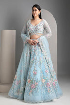 Sky Blue Soft Net Lehenga Choli with Multicolor Floral & Sequins Embroidery