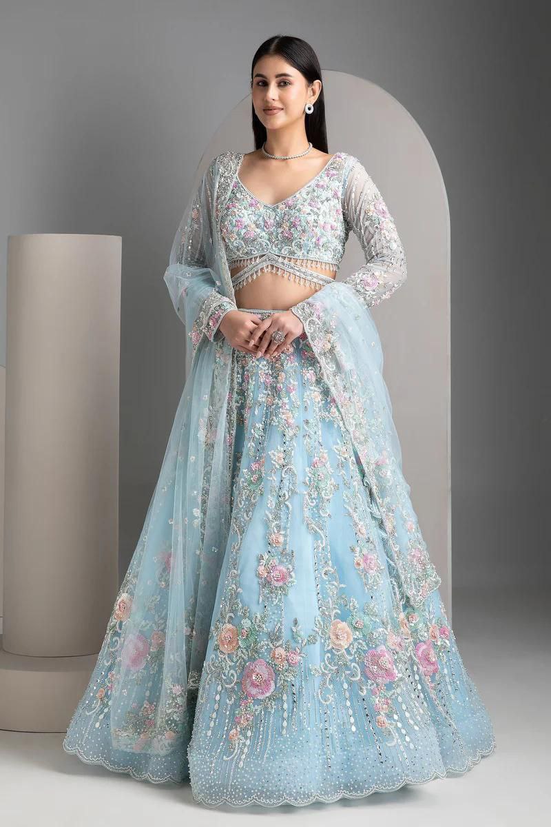 Sky Blue Soft Net Lehenga Choli with Multicolor Floral & Sequins Embroidery