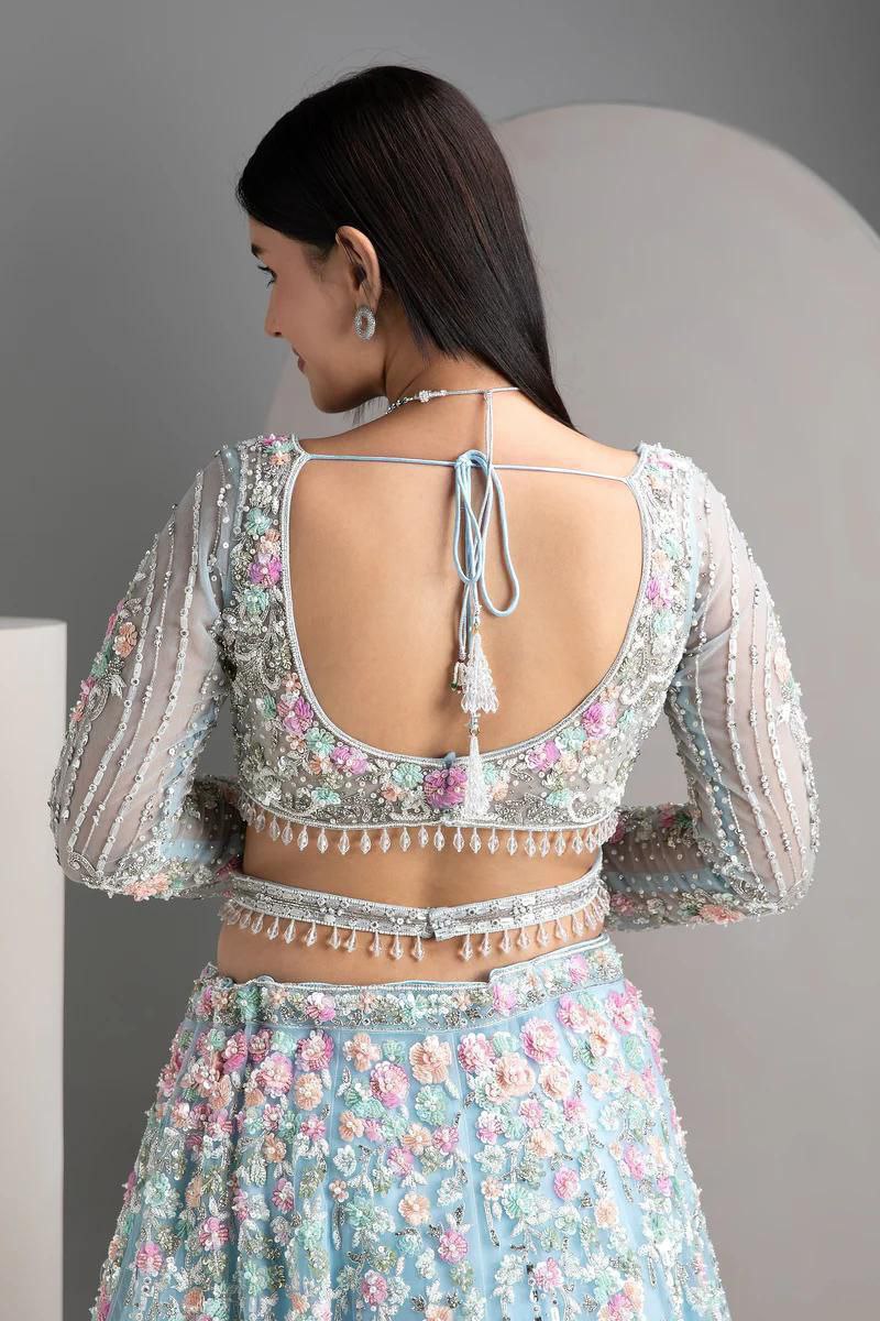 Sky Blue Soft Net Lehenga Choli with Multicolor Floral & Sequins Embroidery