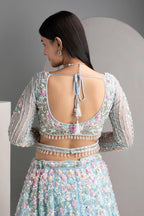 Sky Blue Soft Net Lehenga Choli with Multicolor Floral & Sequins Embroidery