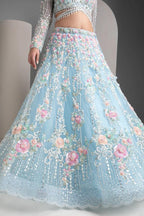 Sky Blue Soft Net Lehenga Choli with Multicolor Floral & Sequins Embroidery
