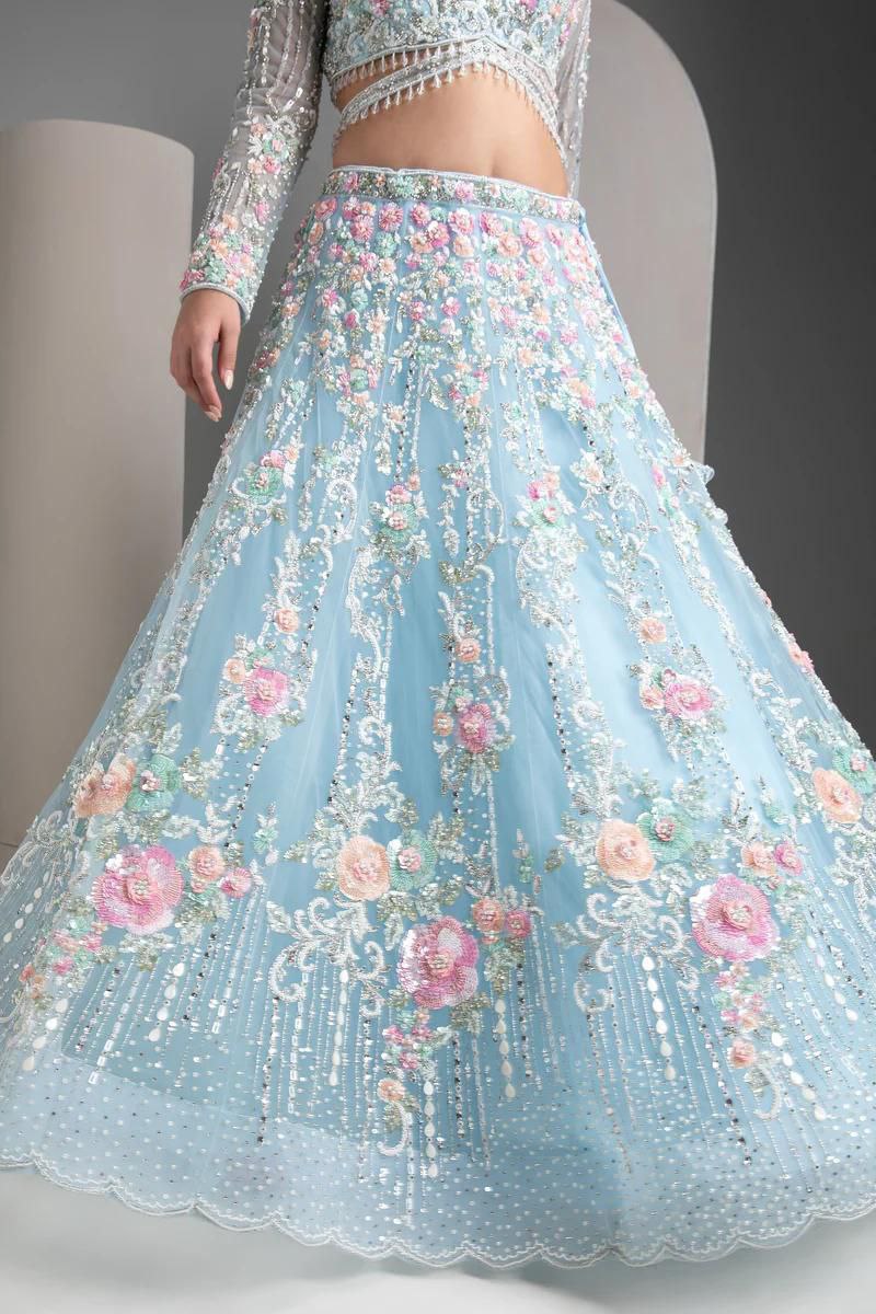 Sky Blue Soft Net Lehenga Choli with Multicolor Floral & Sequins Embroidery