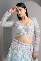 Sky Blue Soft Net Lehenga Choli with Multicolor Floral & Sequins Embroidery
