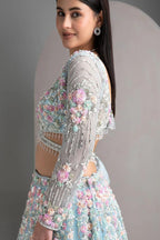 Sky Blue Soft Net Lehenga Choli with Multicolor Floral & Sequins Embroidery
