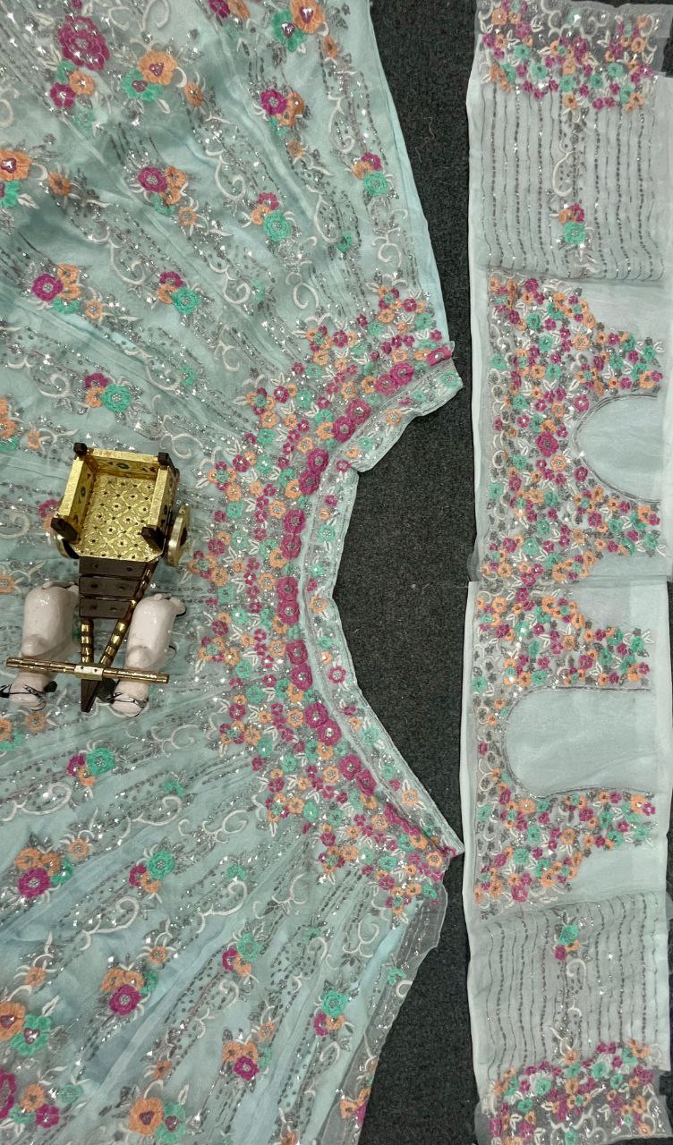 Sky Blue Soft Net Lehenga Choli with Multicolor Floral & Sequins Embroidery