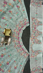 Sky Blue Soft Net Lehenga Choli with Multicolor Floral & Sequins Embroidery