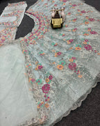 Sky Blue Soft Net Lehenga Choli with Multicolor Floral & Sequins Embroidery