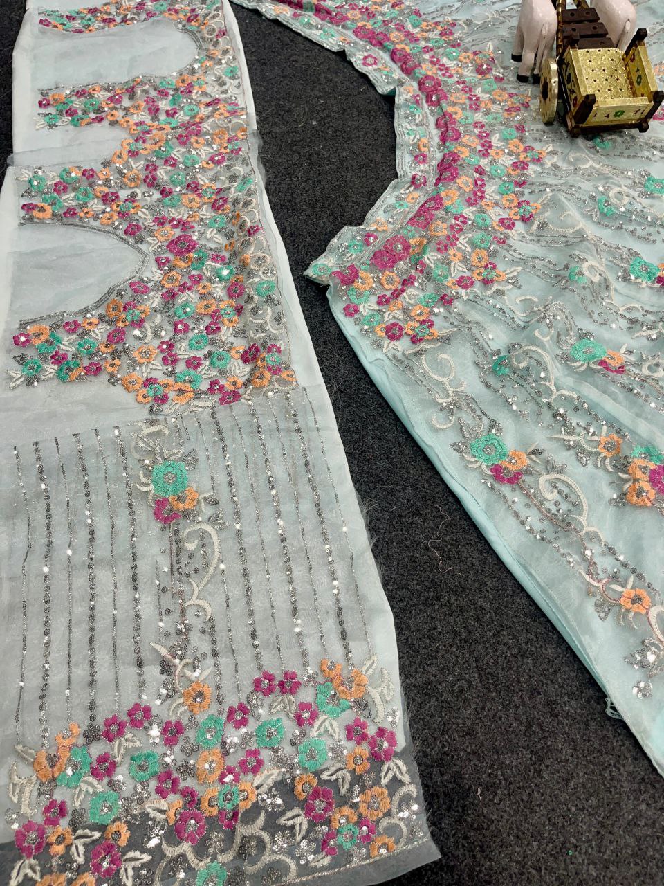 Sky Blue Soft Net Lehenga Choli with Multicolor Floral & Sequins Embroidery