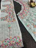 Sky Blue Soft Net Lehenga Choli with Multicolor Floral & Sequins Embroidery