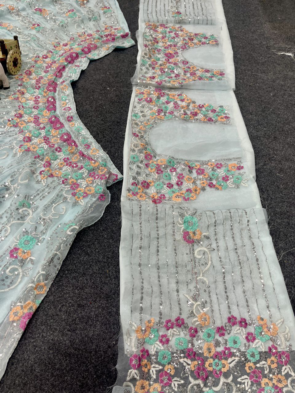 Sky Blue Soft Net Lehenga Choli with Multicolor Floral & Sequins Embroidery