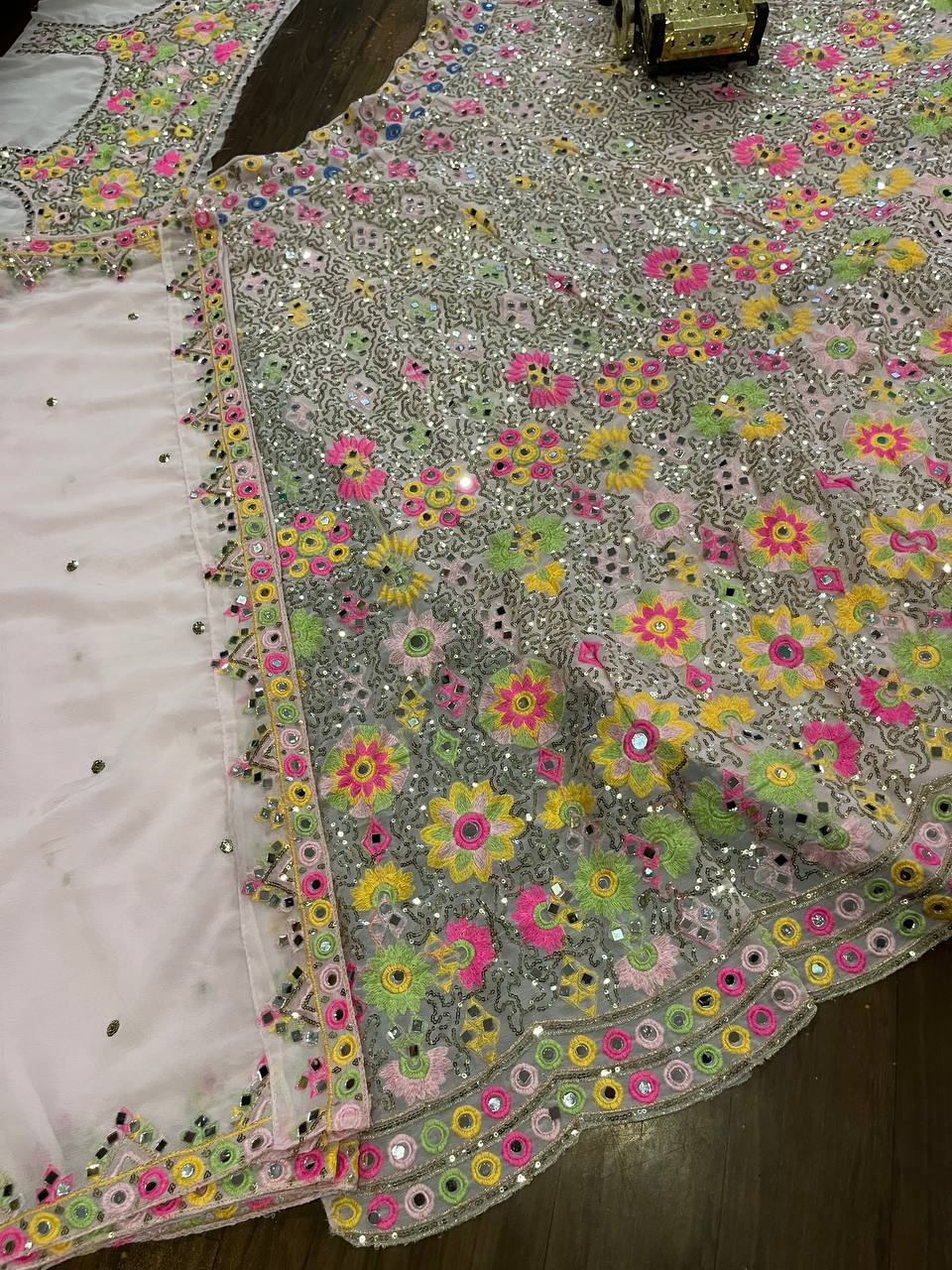 Pastel Mirror Bloom Embroidered Net Lehenga Choli