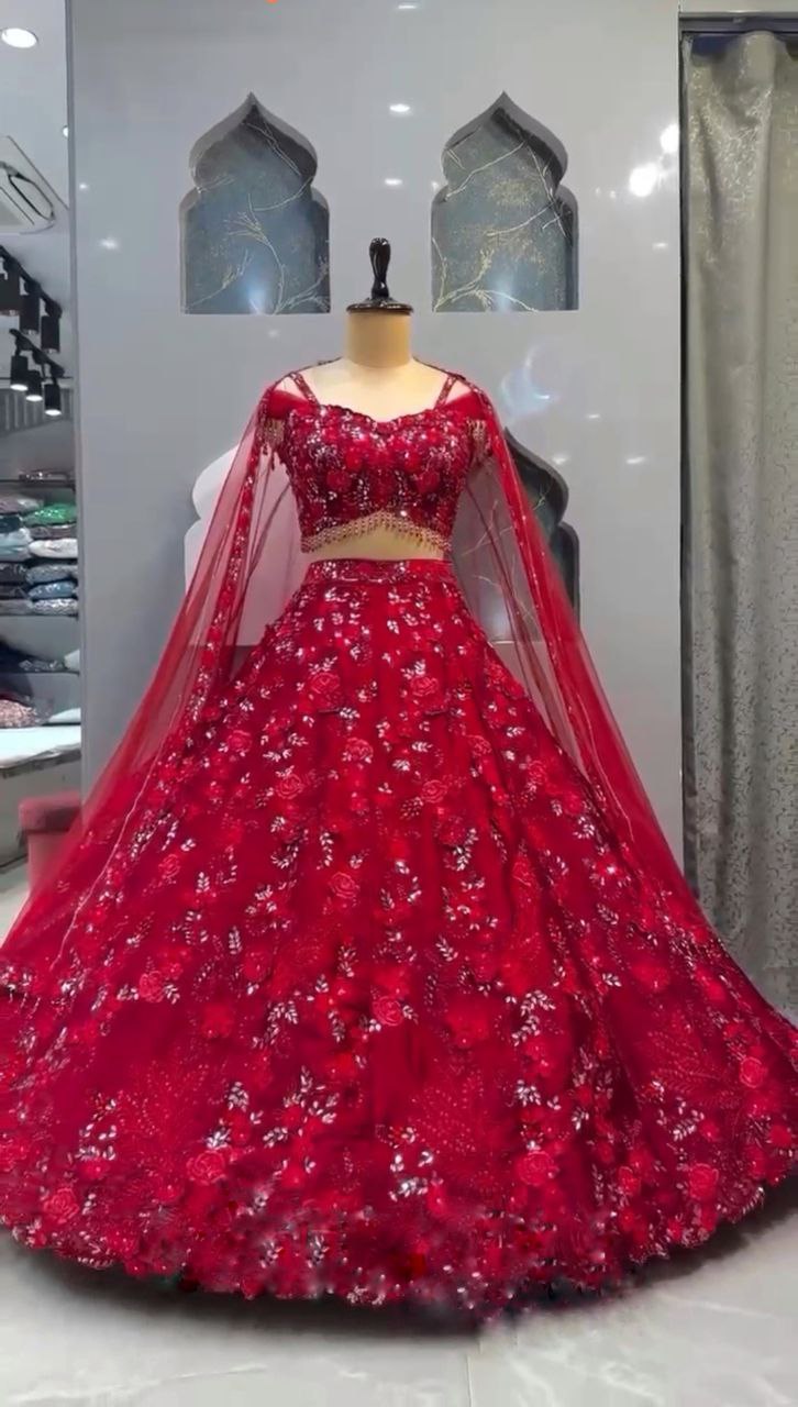 Bright Red Net Lehenga Choli with Floral Embroidery & Sequins Detailing