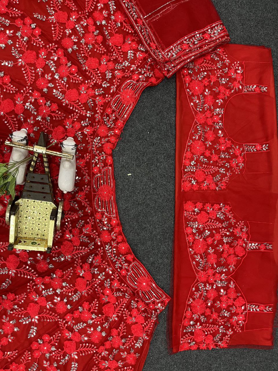 Bright Red Net Lehenga Choli with Floral Embroidery & Sequins Detailing