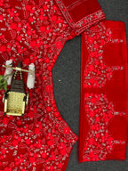 Bright Red Net Lehenga Choli with Floral Embroidery & Sequins Detailing