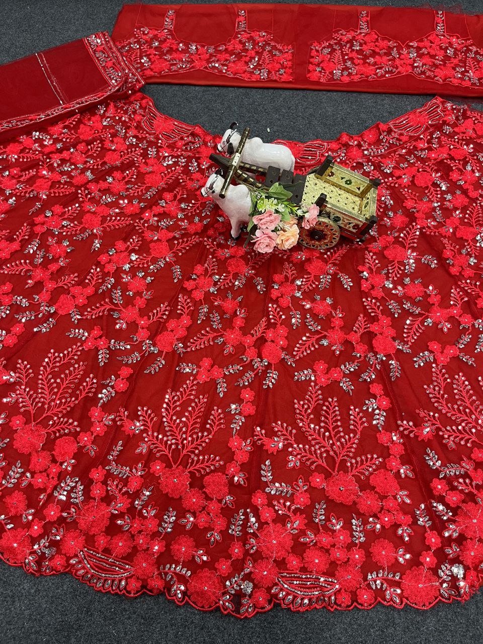 Bright Red Net Lehenga Choli with Floral Embroidery & Sequins Detailing