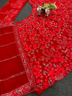 Bright Red Net Lehenga Choli with Floral Embroidery & Sequins Detailing