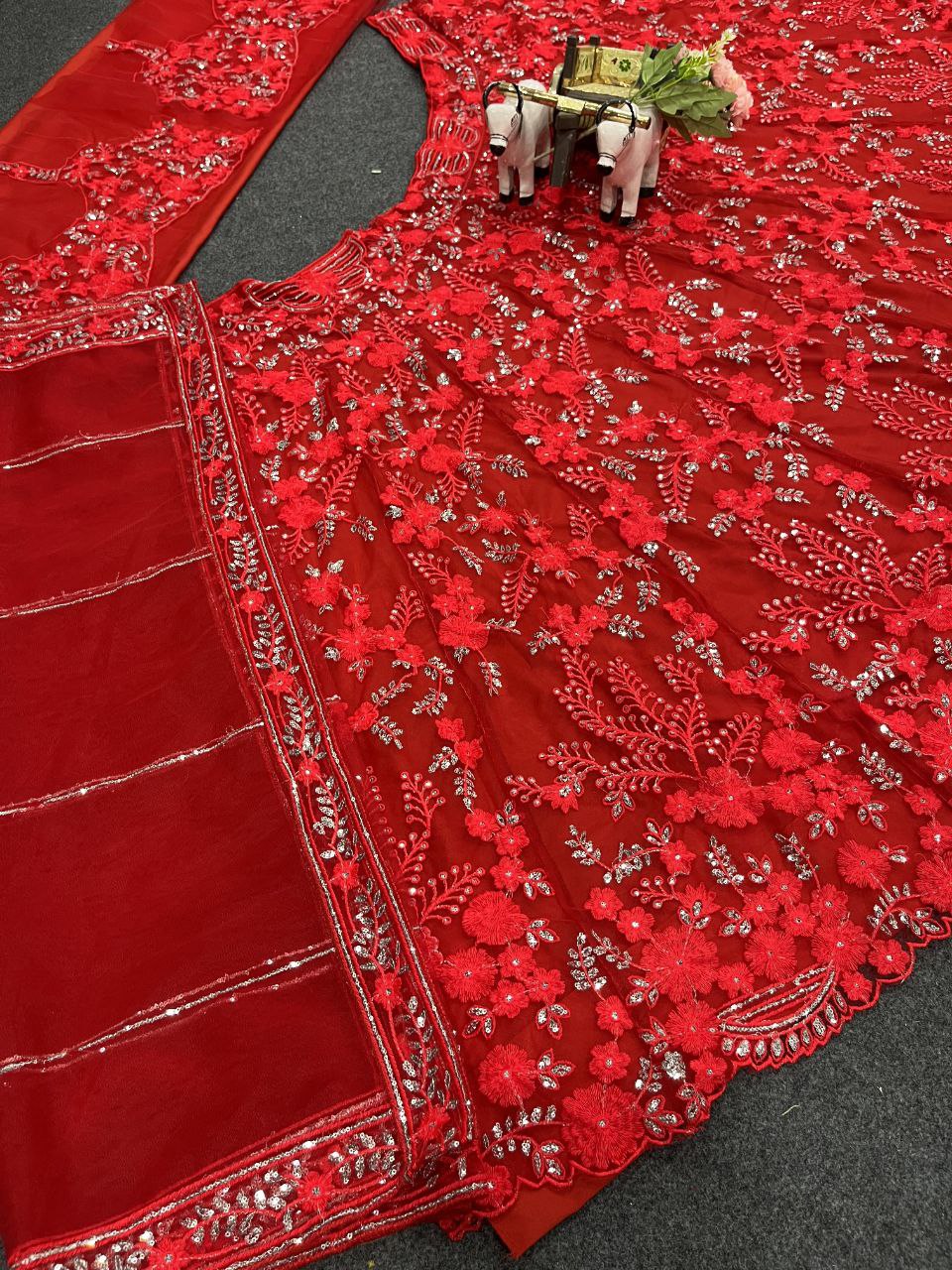 Bright Red Net Lehenga Choli with Floral Embroidery & Sequins Detailing