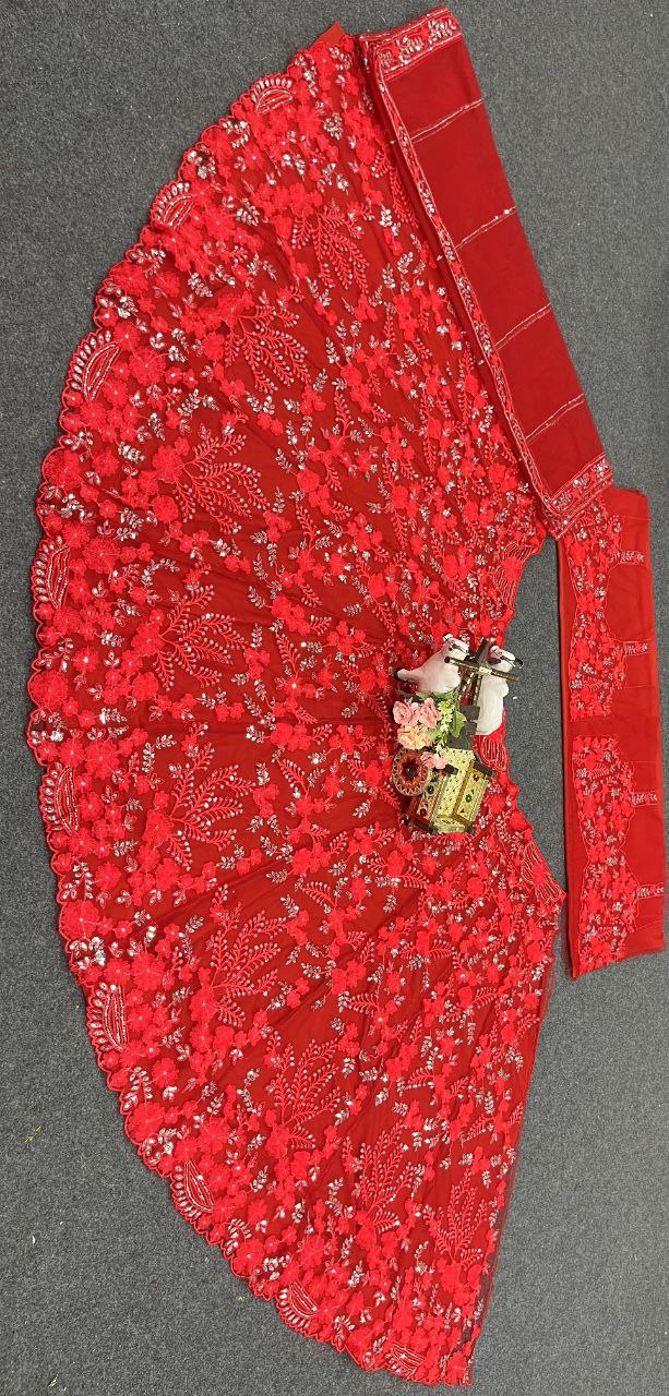 Bright Red Net Lehenga Choli with Floral Embroidery & Sequins Detailing
