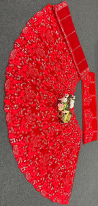 Bright Red Net Lehenga Choli with Floral Embroidery & Sequins Detailing