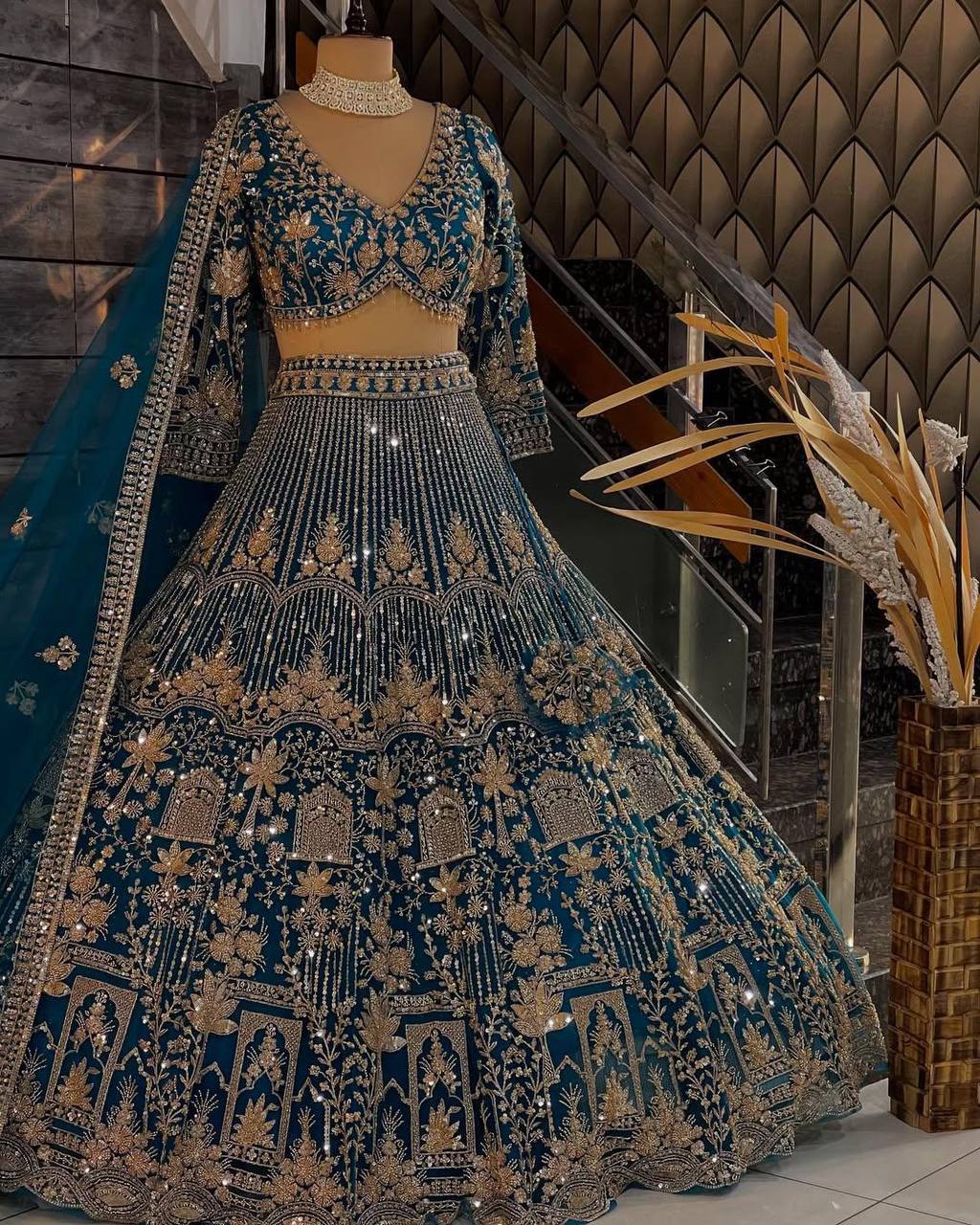 Navy Blue Heavy Embroidered Lehenga Set with Golden Zari and Sequin Work